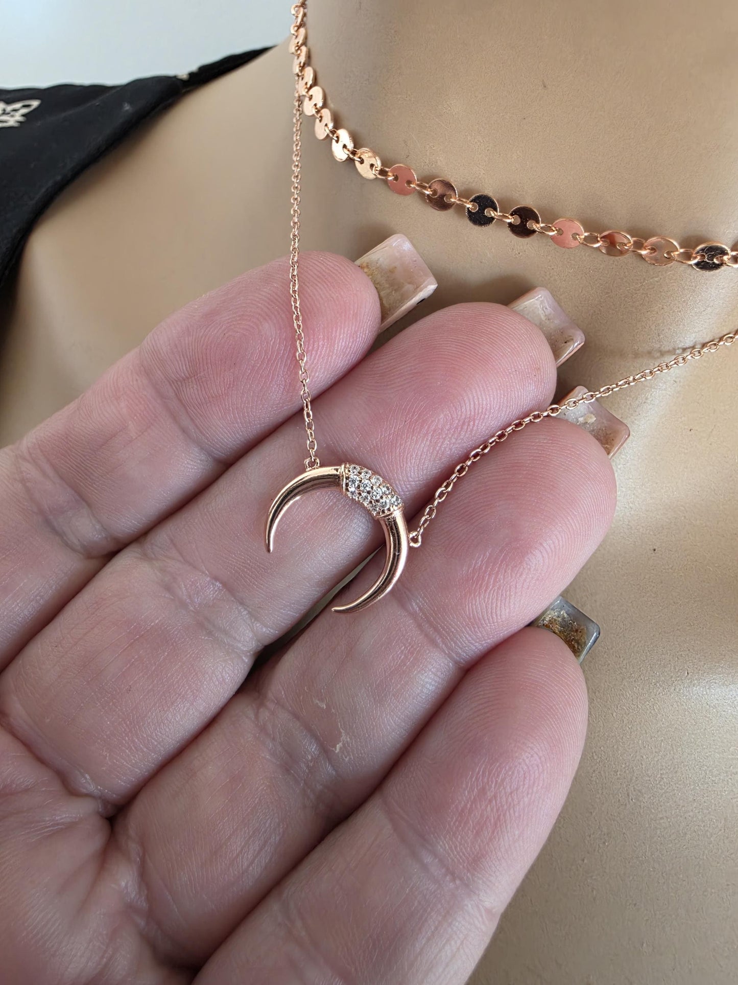 Rose Gold Vermeil Sterling Silver Crescent Horn Moon Layered Choker Necklace - Celestial Fine Jewelry