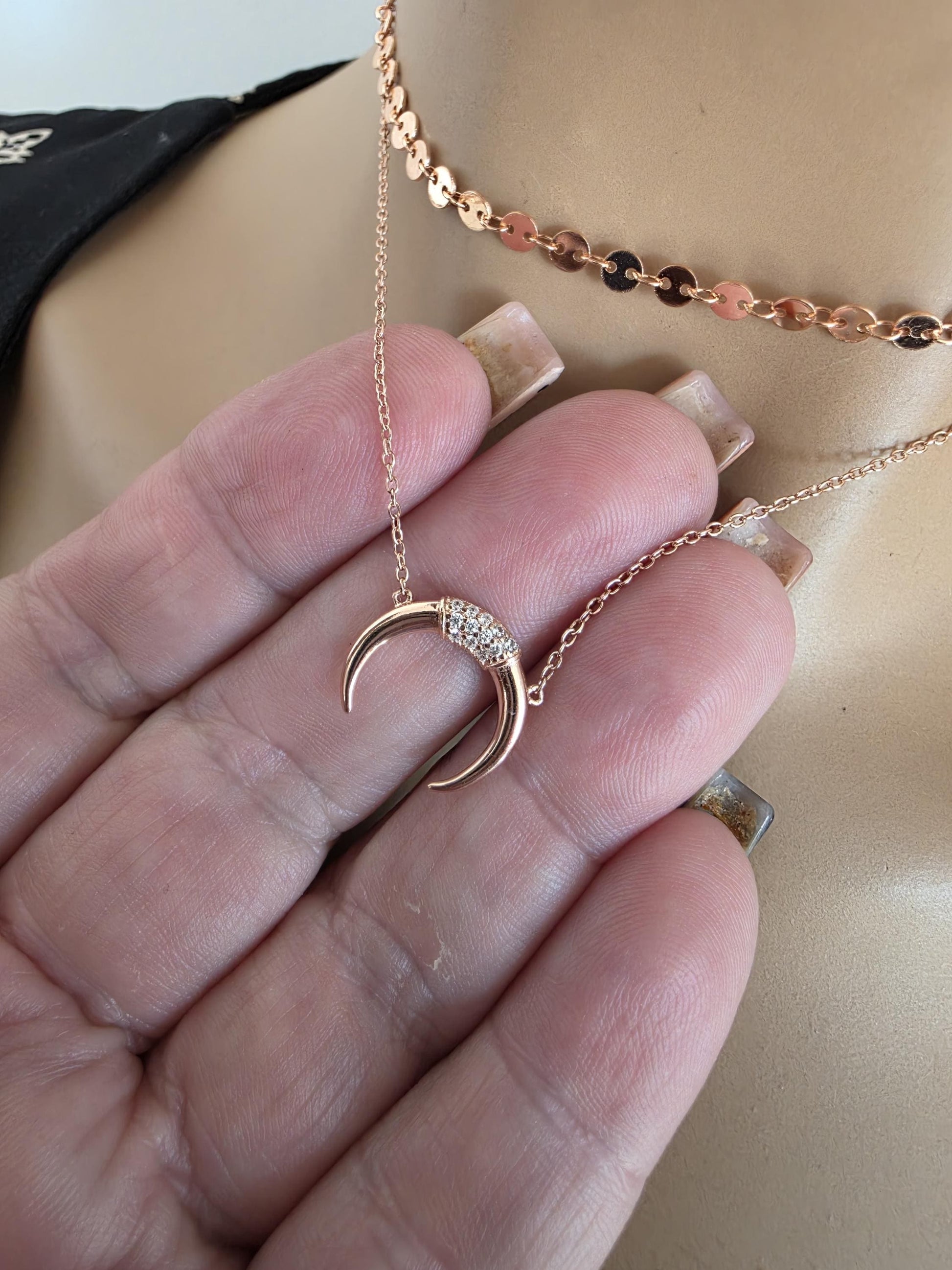 Rose Gold Vermeil Sterling Silver Crescent Horn Moon Layered Choker Necklace - Celestial Fine Jewelry