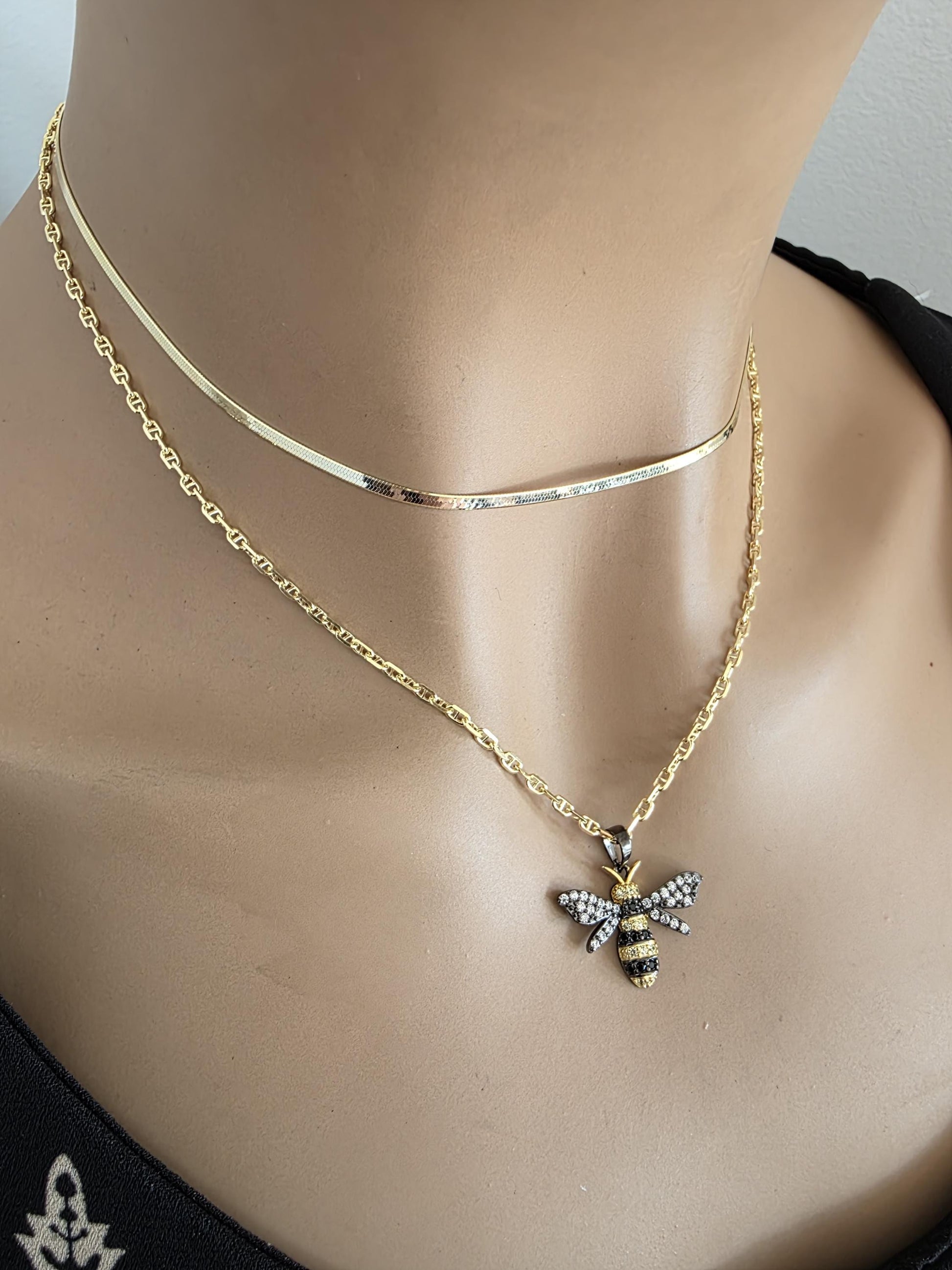 Gold Vermeil over Sterling Silver Layered Necklace Set with Bumble Bee - Cute Summer Garden Jewelry