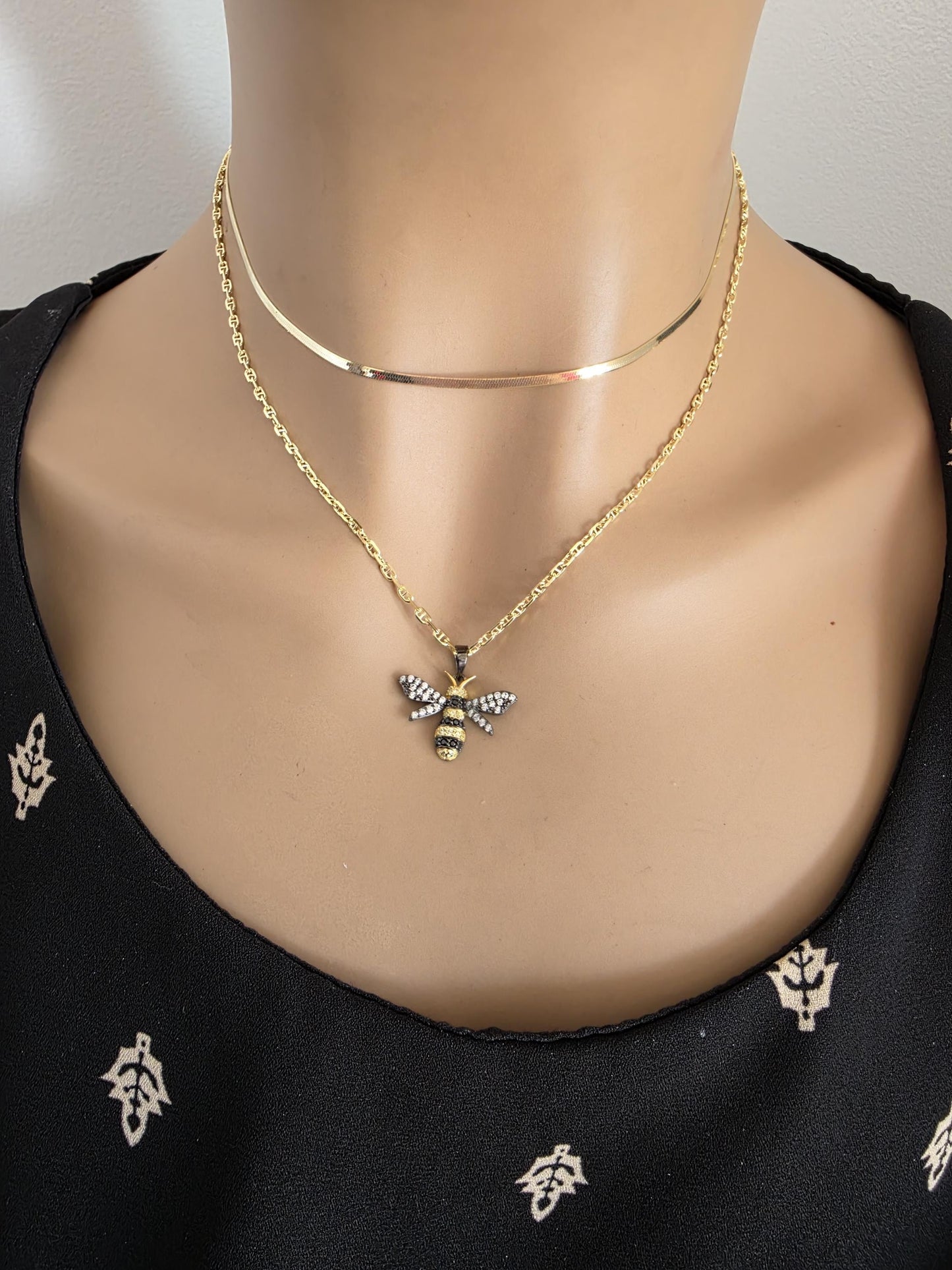 Gold Vermeil over Sterling Silver Layered Necklace Set with Bumble Bee - Cute Summer Garden Jewelry