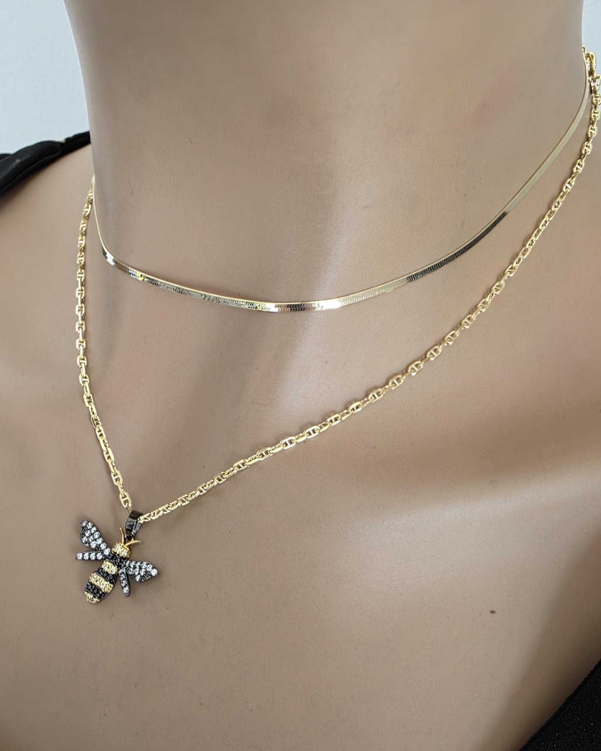 Gold Vermeil over Sterling Silver Layered Necklace Set with Bumble Bee - Cute Summer Garden Jewelry