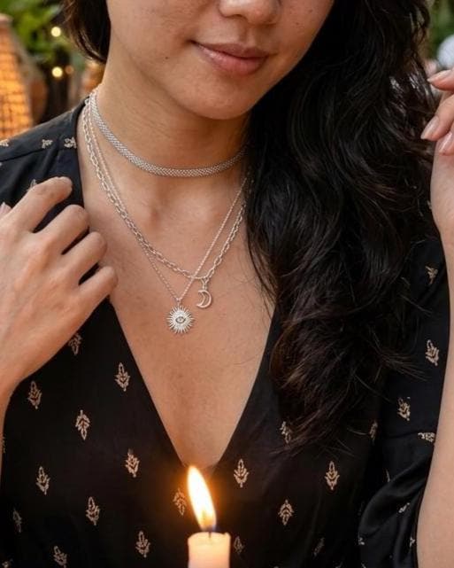 Sterling Silver Layered Witchy Celestial Necklace Set - Evil Eye and Moon Jewelry