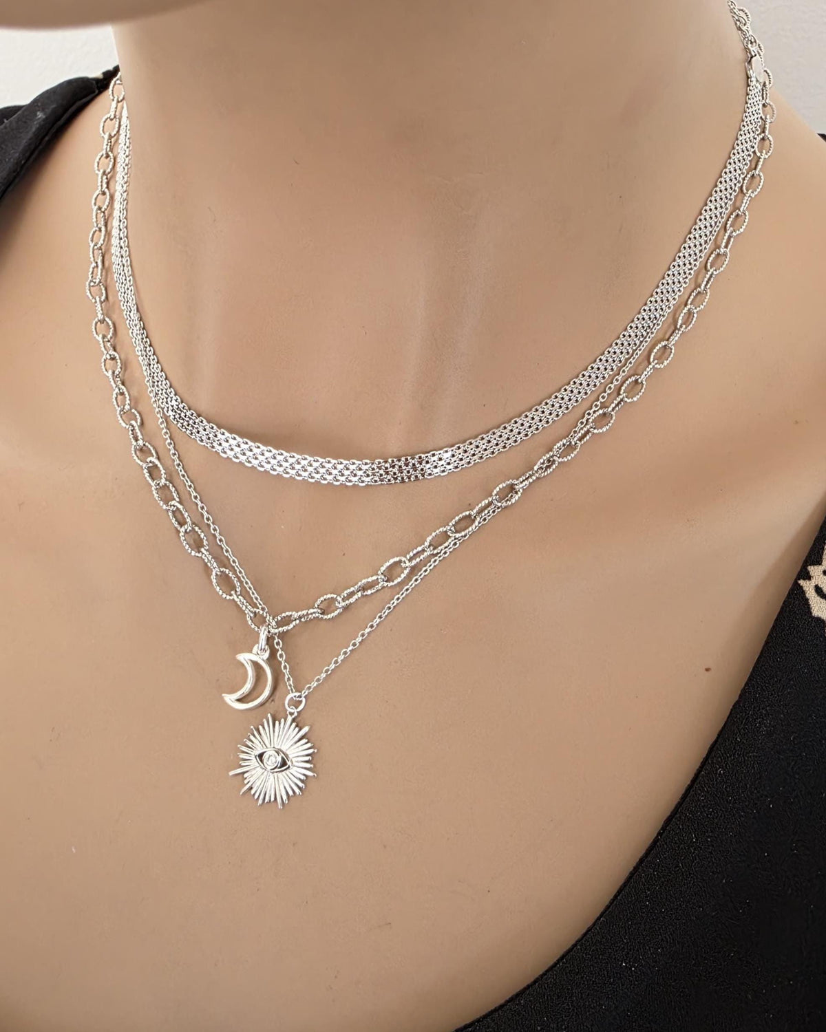 Sterling Silver Layered Witchy Celestial Necklace Set - Evil Eye and Moon Jewelry