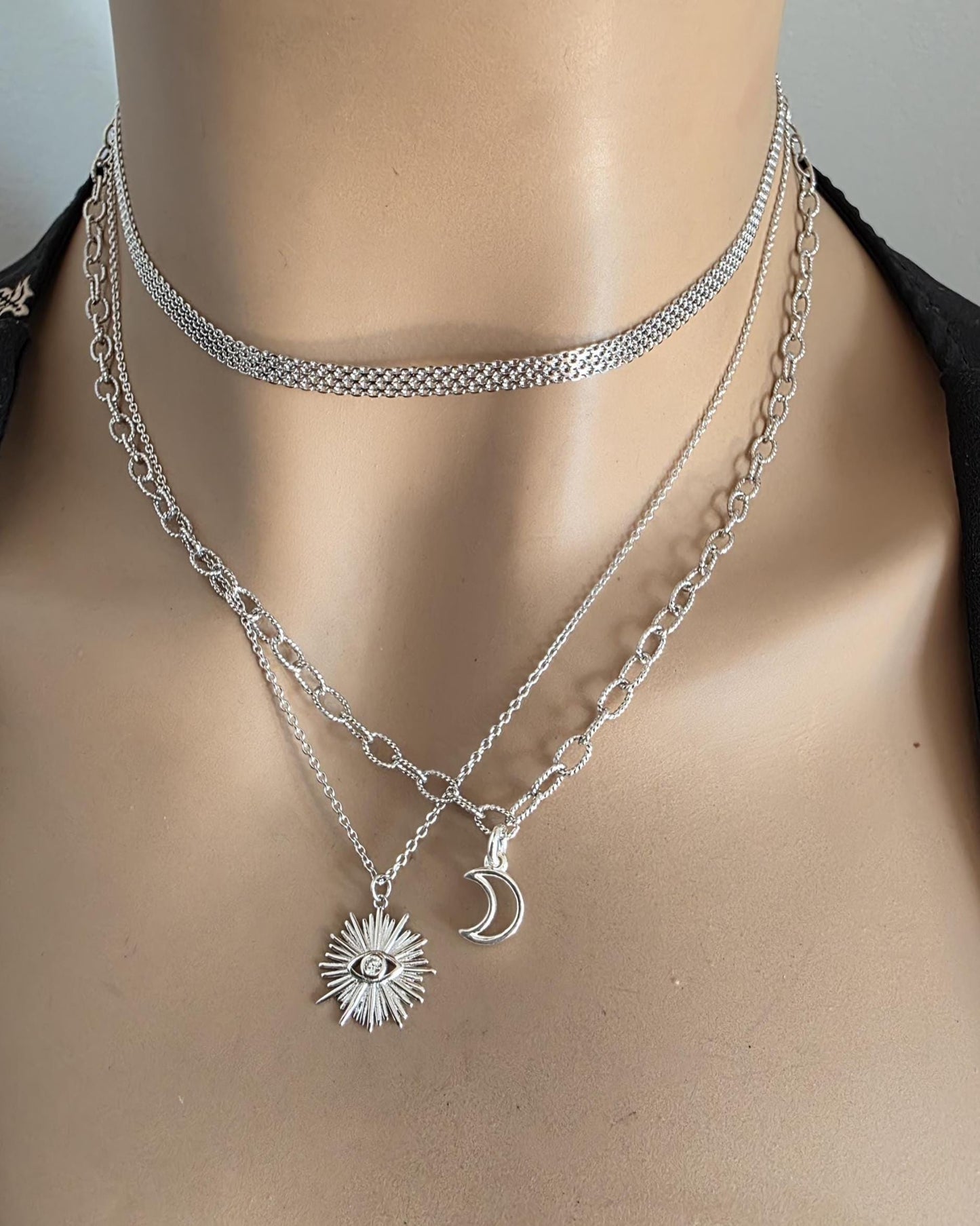 Sterling Silver Layered Witchy Celestial Necklace Set - Evil Eye and Moon Jewelry