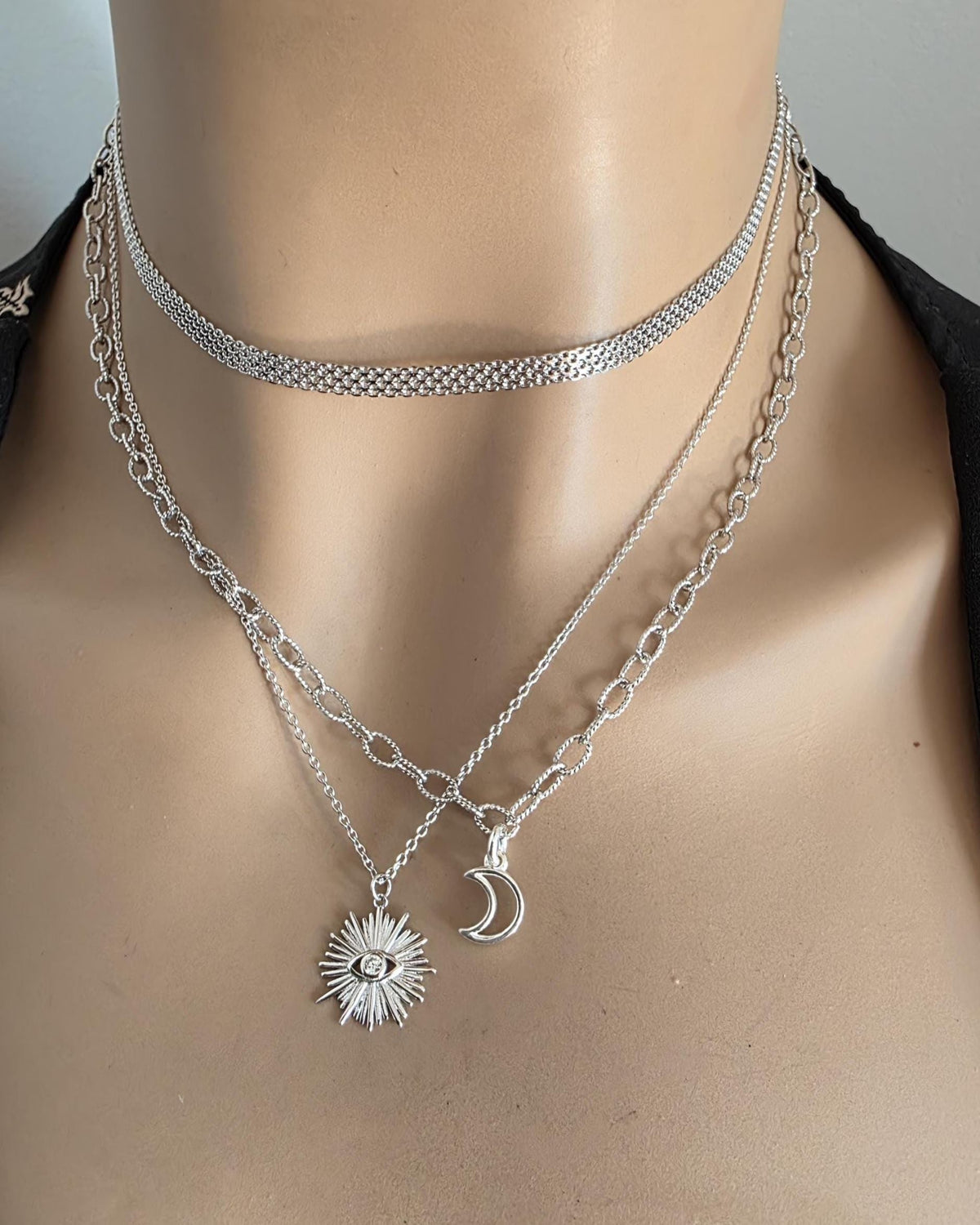 Sterling Silver Layered Witchy Celestial Necklace Set - Evil Eye and Moon Jewelry