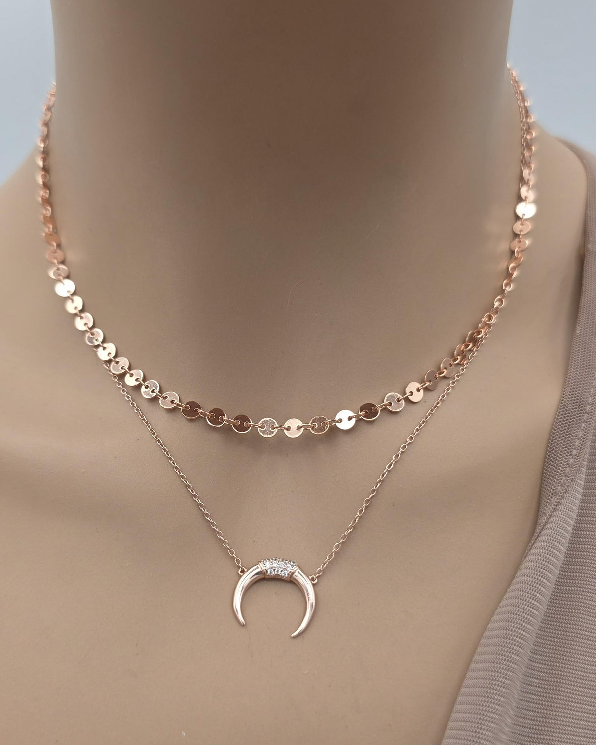 Rose Gold Vermeil Sterling Silver Crescent Horn Moon Layered Choker Necklace - Celestial Fine Jewelry