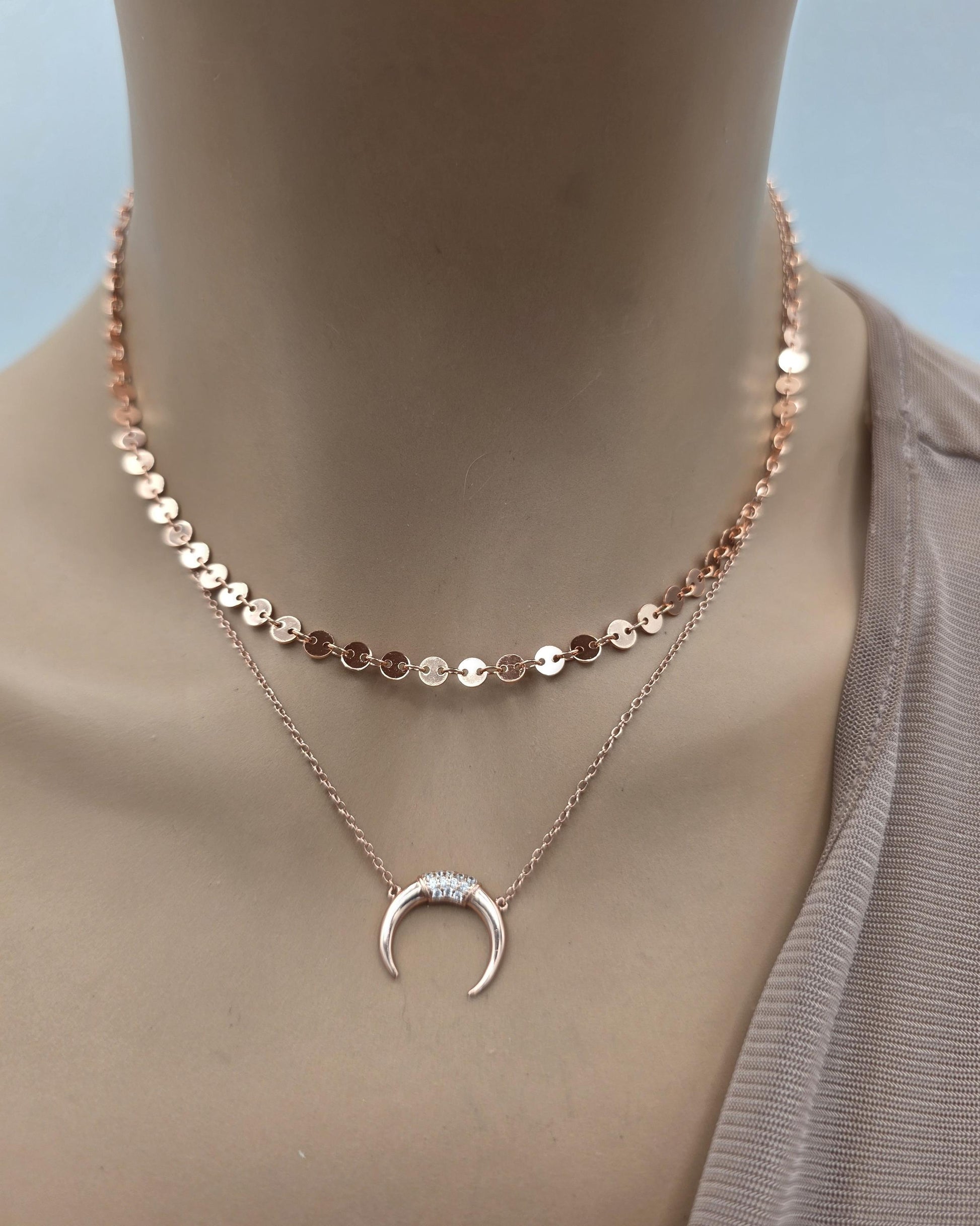 Rose Gold Vermeil Sterling Silver Crescent Horn Moon Layered Choker Necklace - Celestial Fine Jewelry