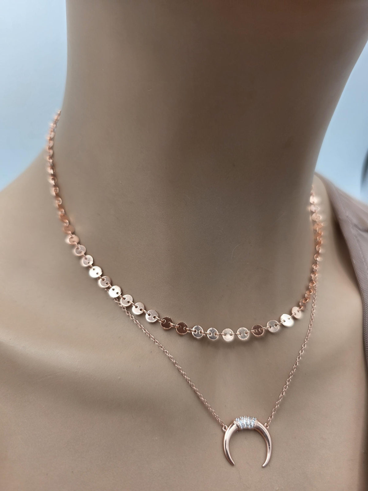 Rose Gold Vermeil Sterling Silver Crescent Horn Moon Layered Choker Necklace - Celestial Fine Jewelry