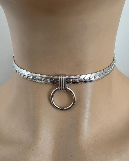 Mens Steel Chunky Collar O-Ring Pendant, Permanent Locking Option - 7mm Herringbone Chain Symbolic Necklace