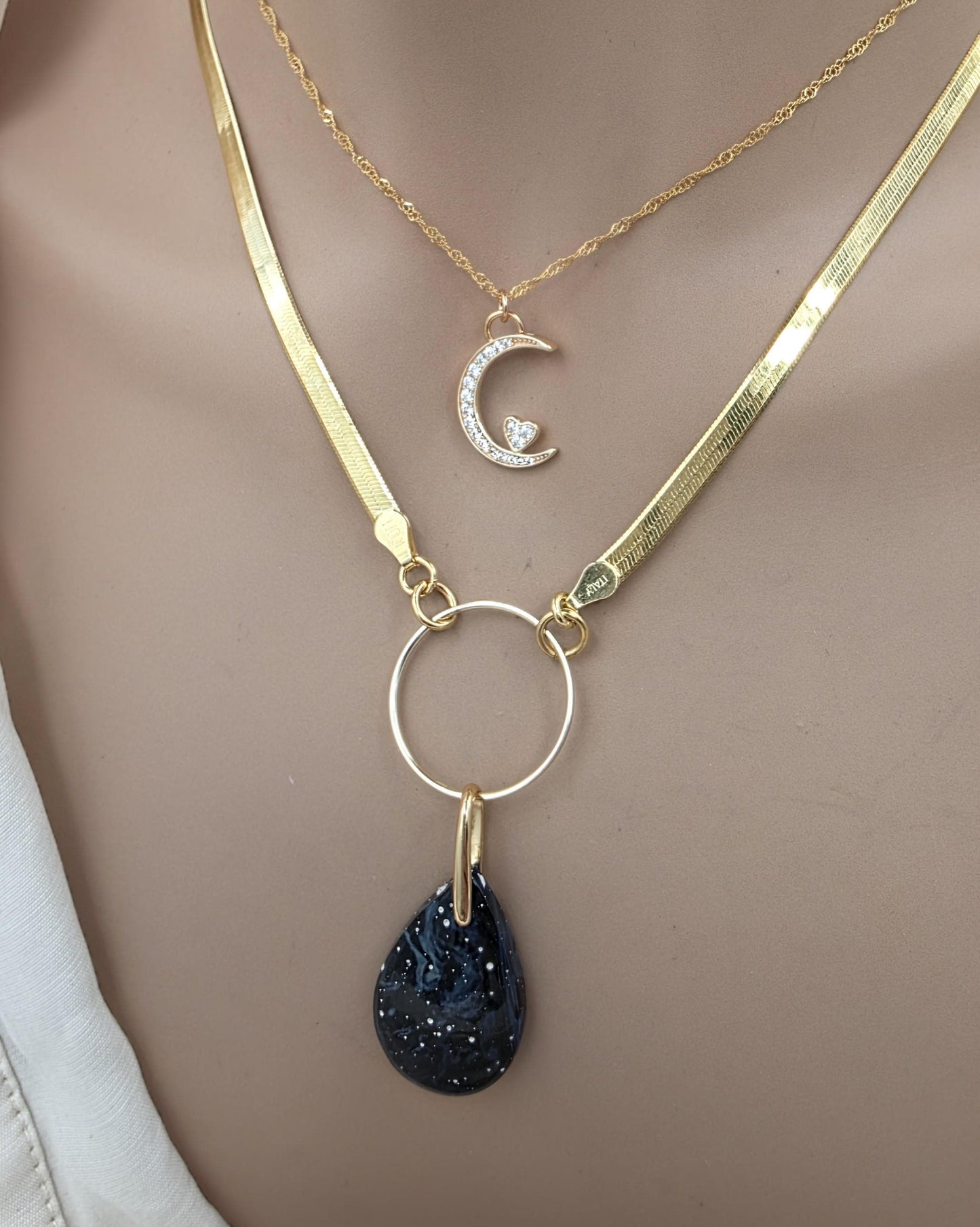 Leland Blue Celestial Starry Night Layered Necklace Set – 14K Gold Vermeil Crescent Moon & Great Lakes Glass