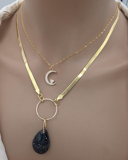 Leland Blue Celestial Starry Night Layered Necklace Set – 14K Gold Vermeil Crescent Moon & Great Lakes Glass