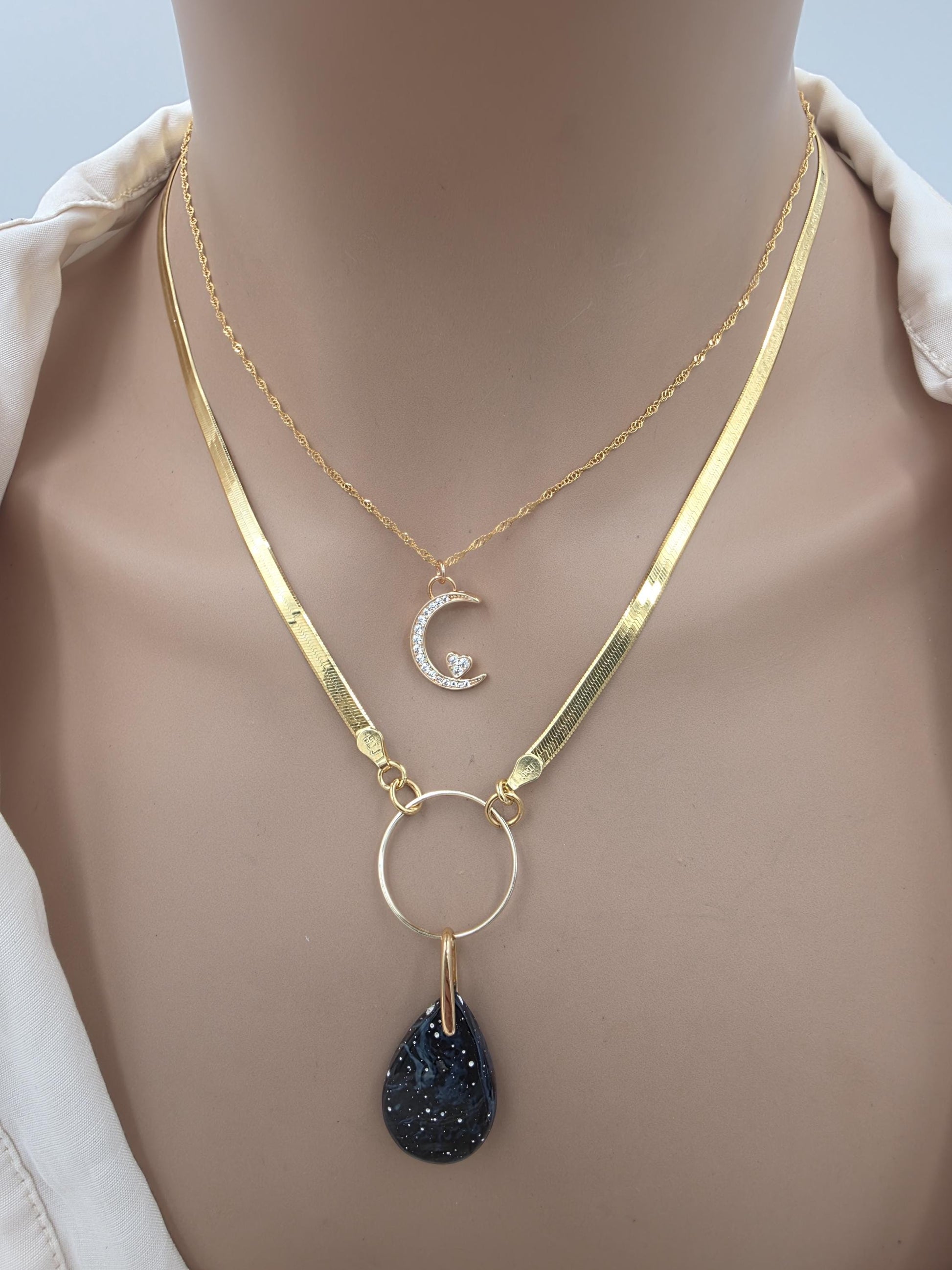 Leland Blue Celestial Starry Night Layered Necklace Set – 14K Gold Vermeil Crescent Moon & Great Lakes Glass