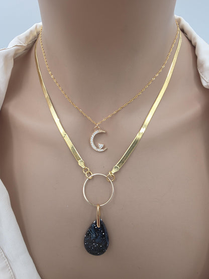 Leland Blue Celestial Starry Night Layered Necklace Set – 14K Gold Vermeil Crescent Moon & Great Lakes Glass