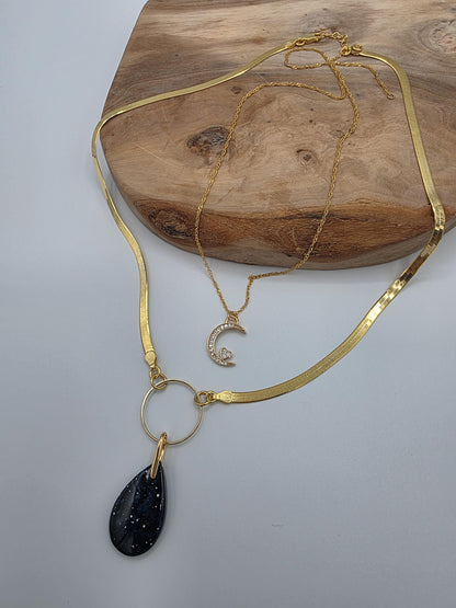 Leland Blue Celestial Starry Night Layered Necklace Set – 14K Gold Vermeil Crescent Moon & Great Lakes Glass