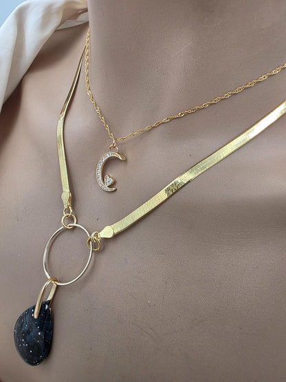 Leland Blue Celestial Starry Night Layered Necklace Set – 14K Gold Vermeil Crescent Moon & Great Lakes Glass