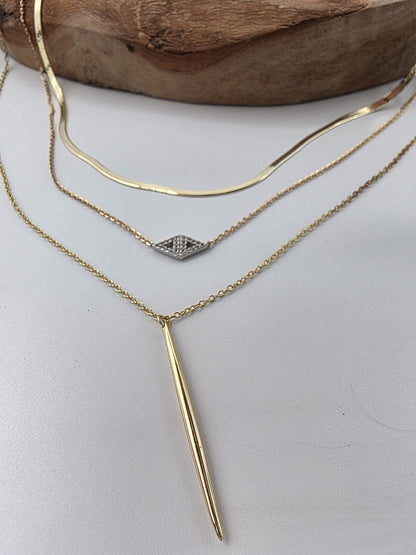 Gold Vermeil Layered Necklace Set, 3 Piece Gold Necklace Stack, Long Pendant Necklace, Crystal Necklace, Herringbone Choker