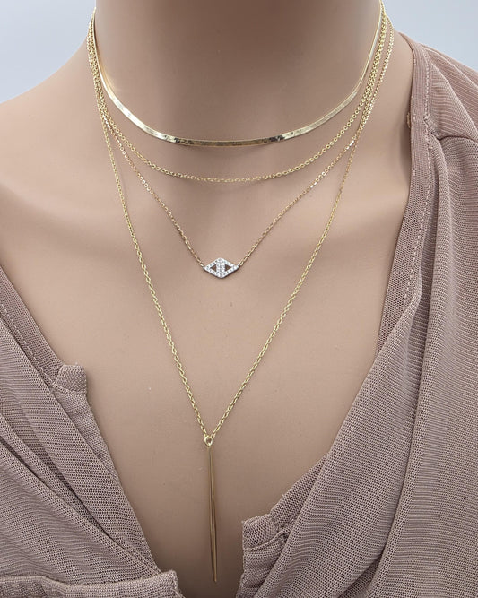 Gold Vermeil Layered Necklace Set, 3 Piece Gold Necklace Stack, Long Pendant Necklace, Crystal Necklace, Herringbone Choker