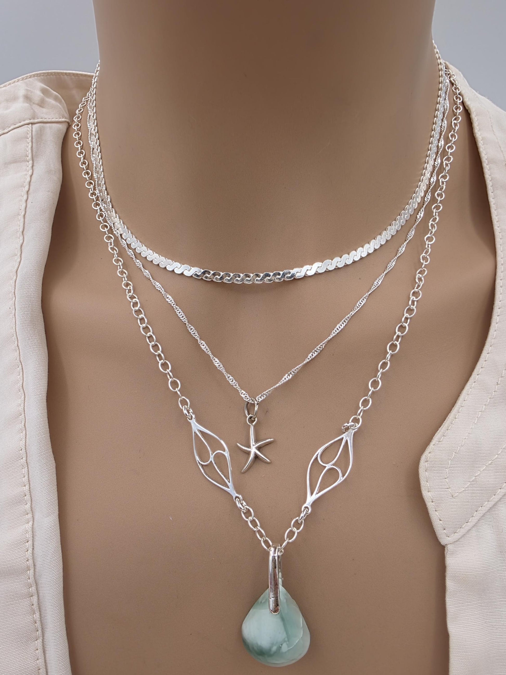 Sterling Silver Hemimorphite Layered Ocean Necklace Set | Serpentine Chain & Protective Gemstone Talisman Pendant