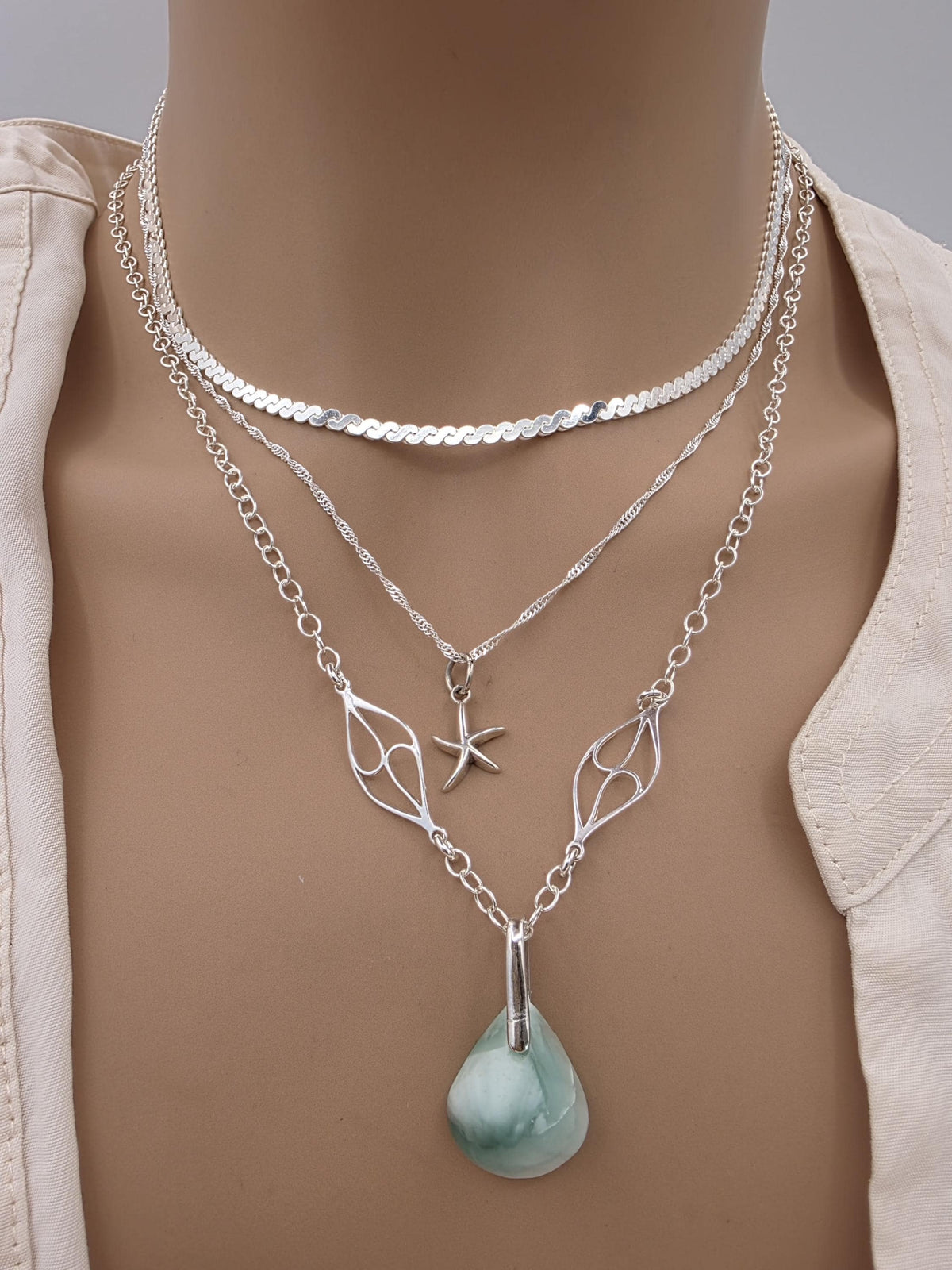 Sterling Silver Hemimorphite Layered Ocean Necklace Set | Serpentine Chain & Protective Gemstone Talisman Pendant