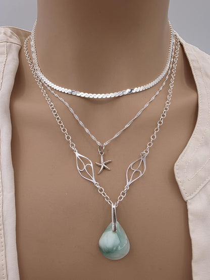 Sterling Silver Hemimorphite Layered Ocean Necklace Set | Serpentine Chain & Protective Gemstone Talisman Pendant
