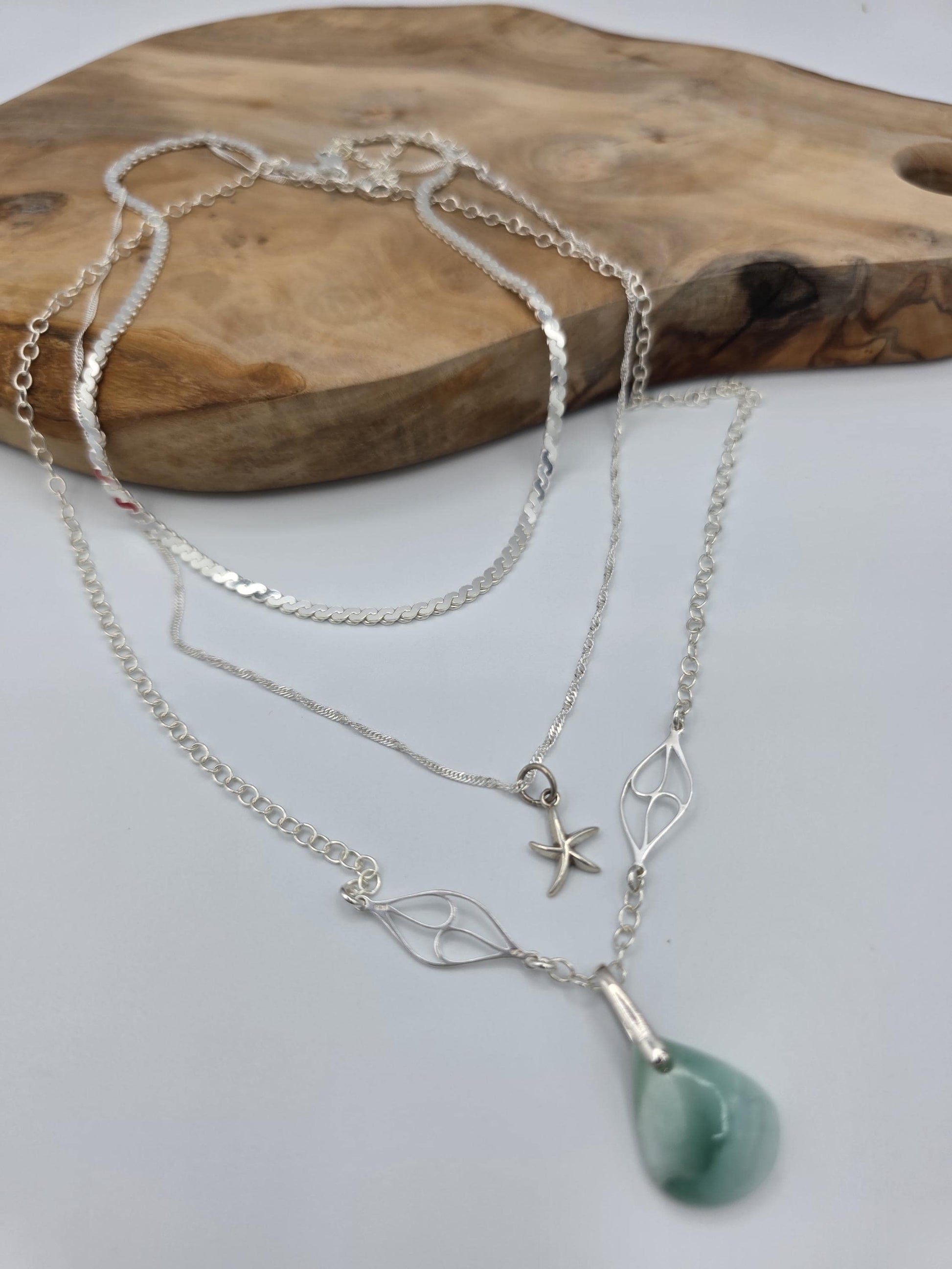 Sterling Silver Hemimorphite Layered Ocean Necklace Set | Serpentine Chain & Protective Gemstone Talisman Pendant