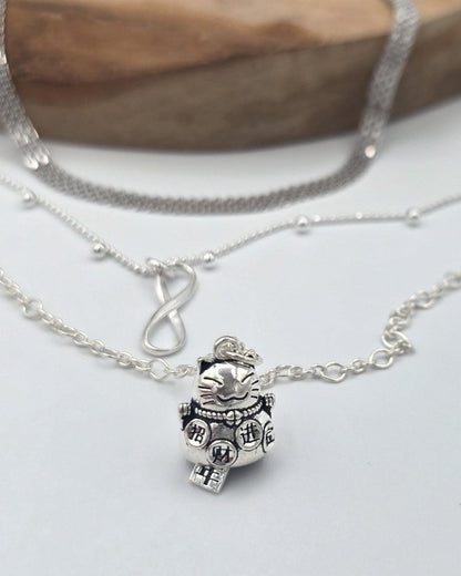 Sterling Silver Layered Necklace – Infinity & Maneki-neko Lucky Cat – 3 Piece Set