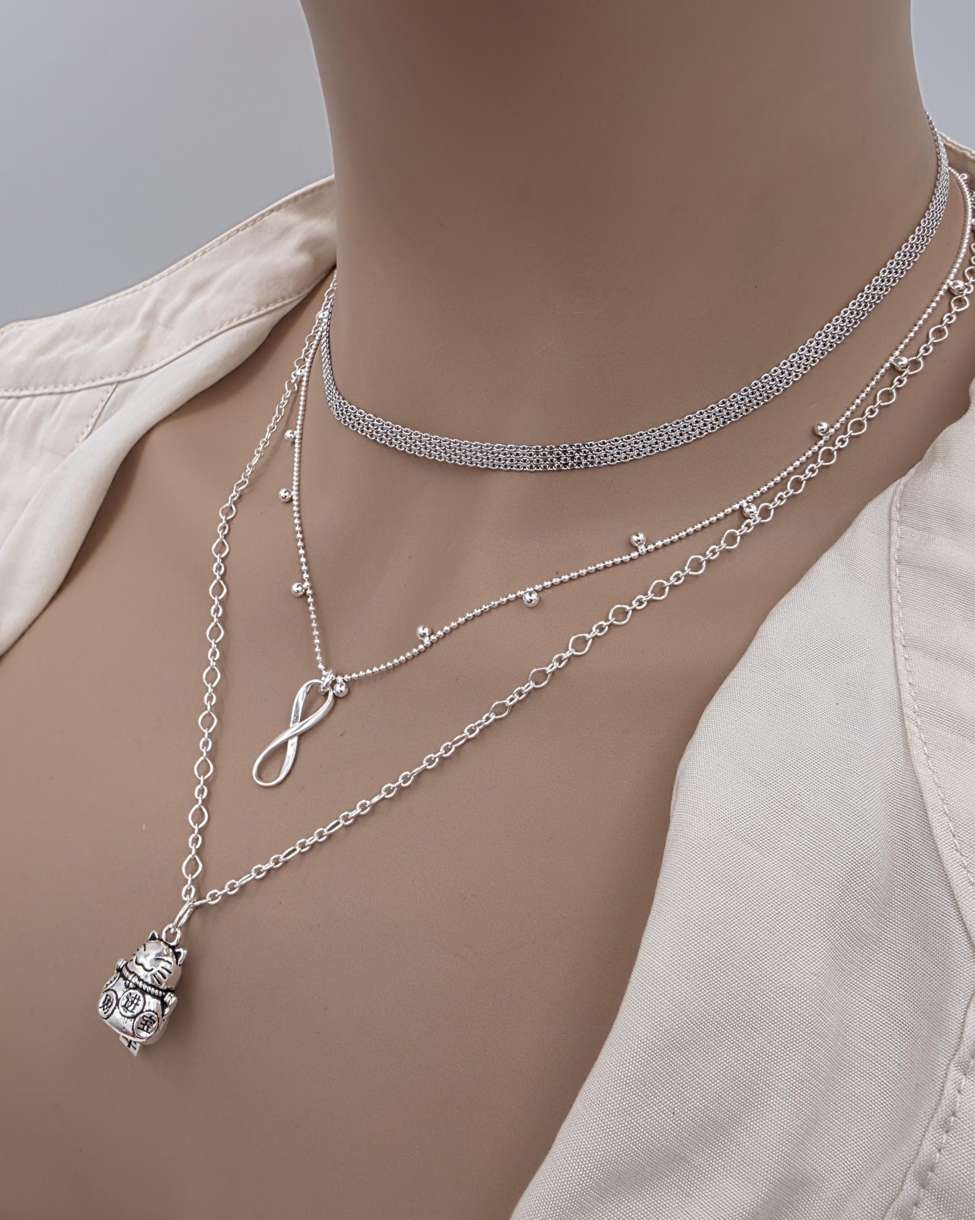 Sterling Silver Layered Necklace – Infinity & Maneki-neko Lucky Cat – 3 Piece Set