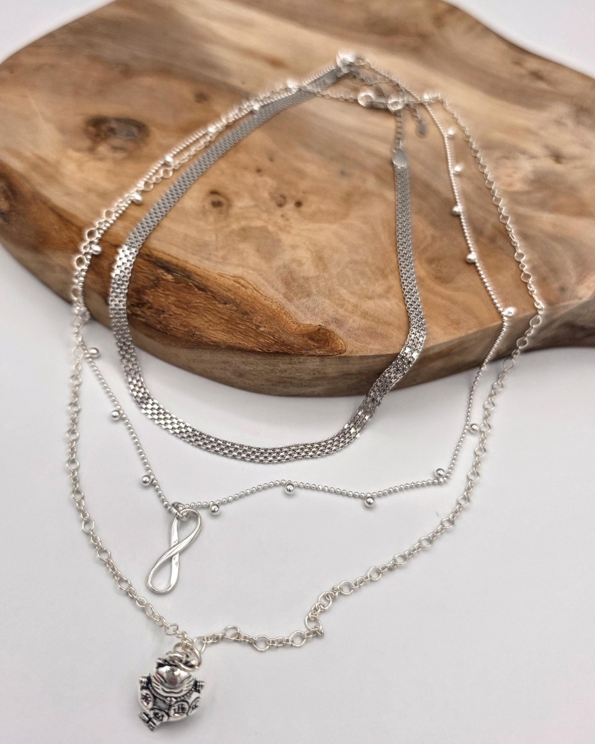 Sterling Silver Layered Necklace – Infinity & Maneki-neko Lucky Cat – 3 Piece Set