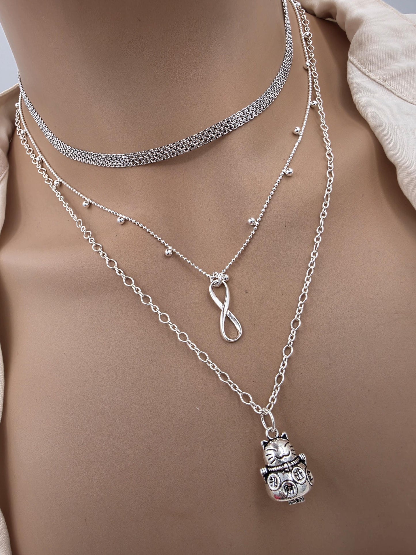Sterling Silver Layered Necklace – Infinity & Maneki-neko Lucky Cat – 3 Piece Set