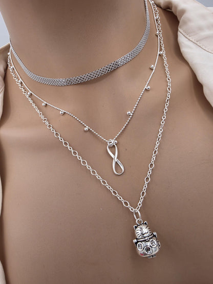 Sterling Silver Layered Necklace – Infinity & Maneki-neko Lucky Cat – 3 Piece Set