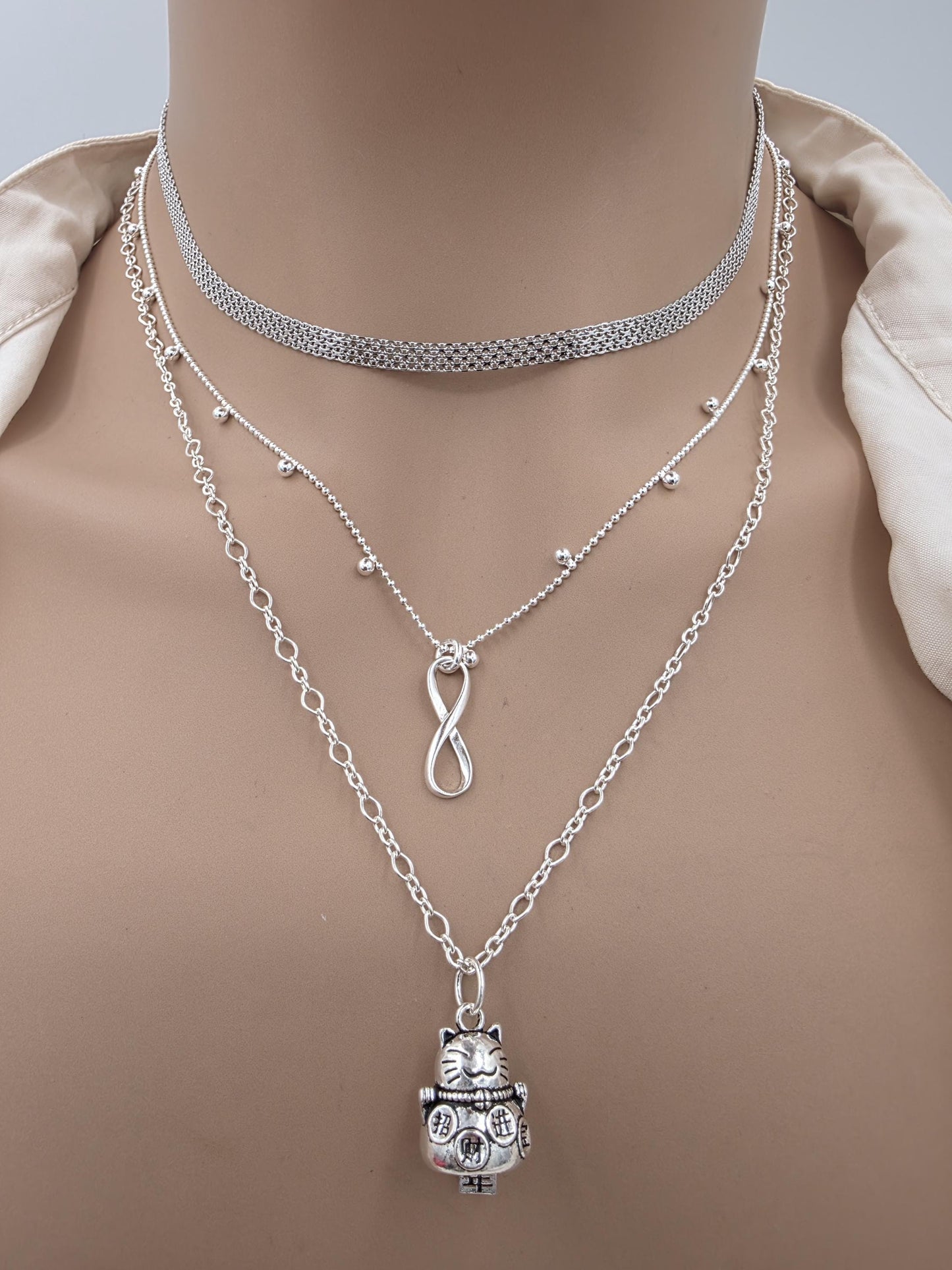 Sterling Silver Layered Necklace – Infinity & Maneki-neko Lucky Cat – 3 Piece Set