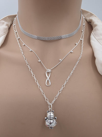 Sterling Silver Layered Necklace – Infinity & Maneki-neko Lucky Cat – 3 Piece Set