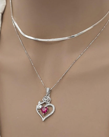 Solid Silver Layered CZ Heart Pendant Necklace Set | Herringbone Chain, Beautiful Gift