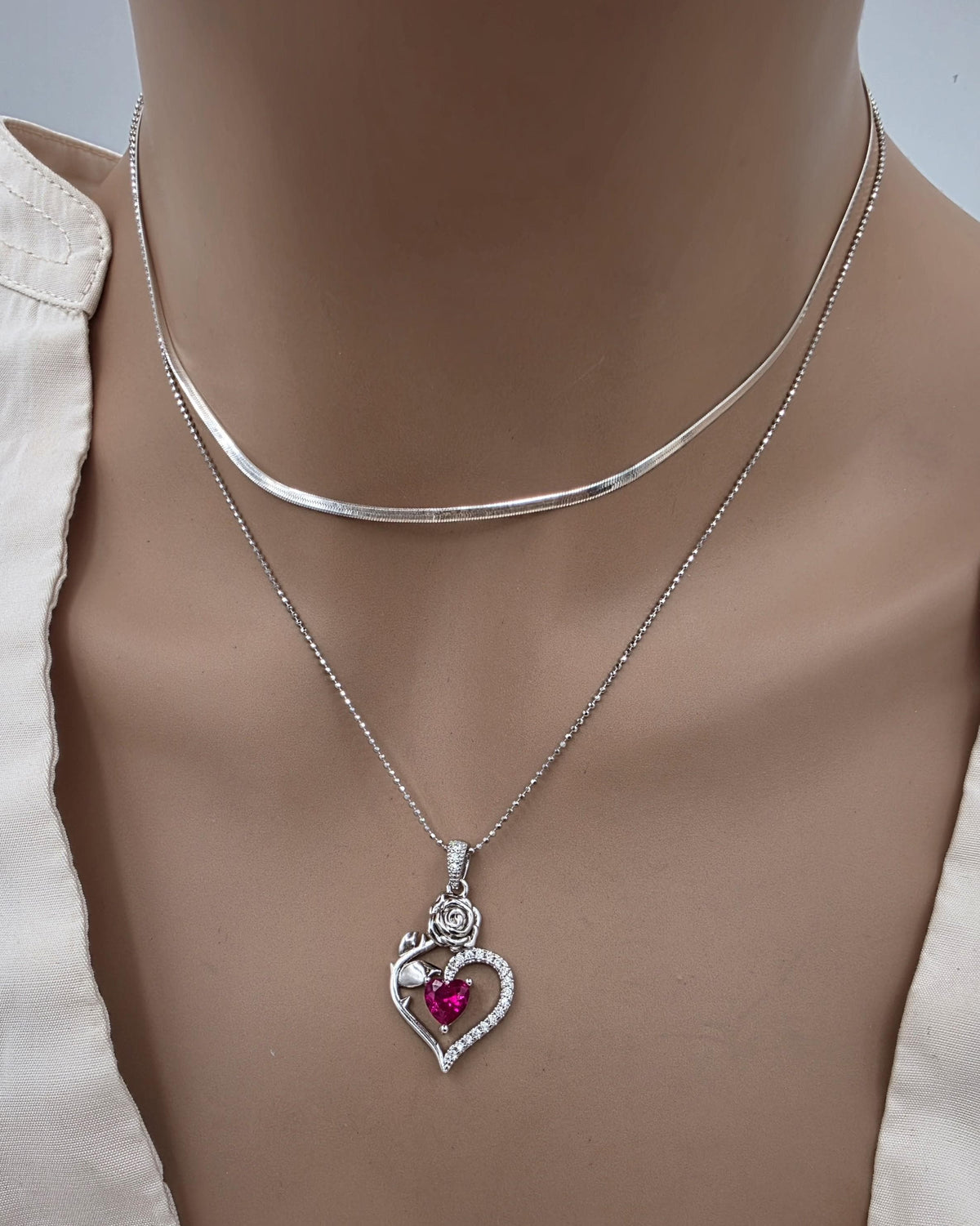 Solid Silver Layered CZ Heart Pendant Necklace Set | Herringbone Chain, Beautiful Gift