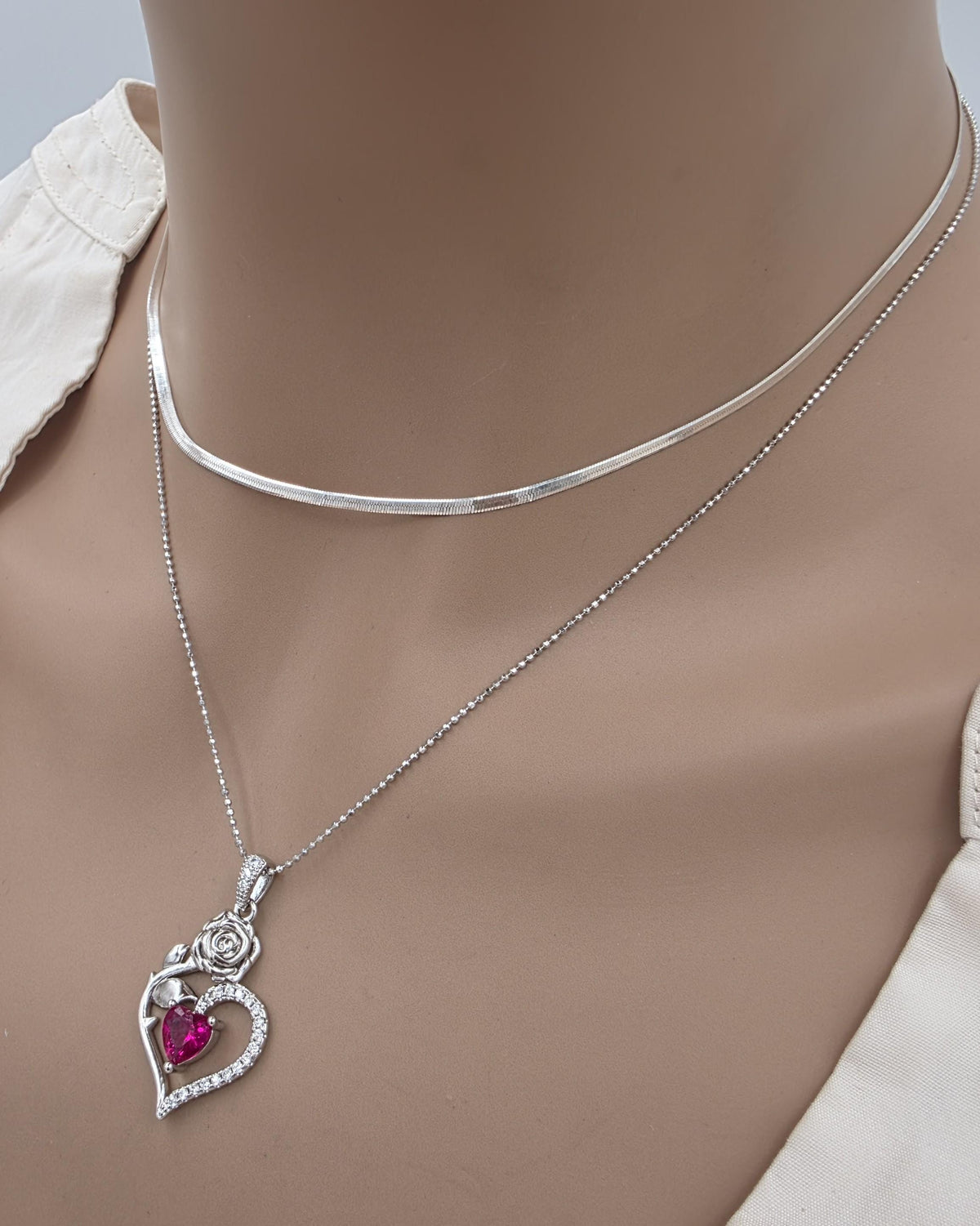 Solid Silver Layered CZ Heart Pendant Necklace Set | Herringbone Chain, Beautiful Gift