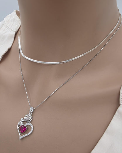 Solid Silver Layered CZ Heart Pendant Necklace Set | Herringbone Chain, Beautiful Gift