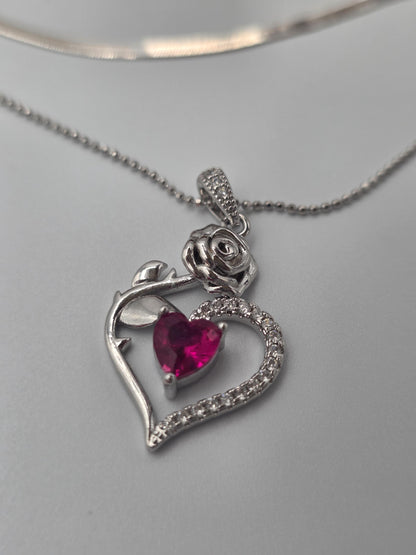 Solid Silver Layered CZ Heart Pendant Necklace Set | Herringbone Chain, Beautiful Gift