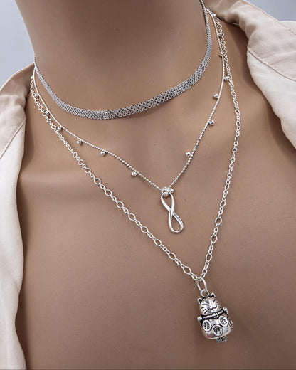 Sterling Silver Layered Necklace – Infinity & Maneki-neko Lucky Cat – 3 Piece Set