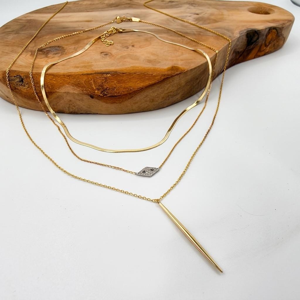 Gold Vermeil Layered Necklace Set, 3 Piece Gold Necklace Stack, Long Pendant Necklace, Crystal Necklace, Herringbone Choker