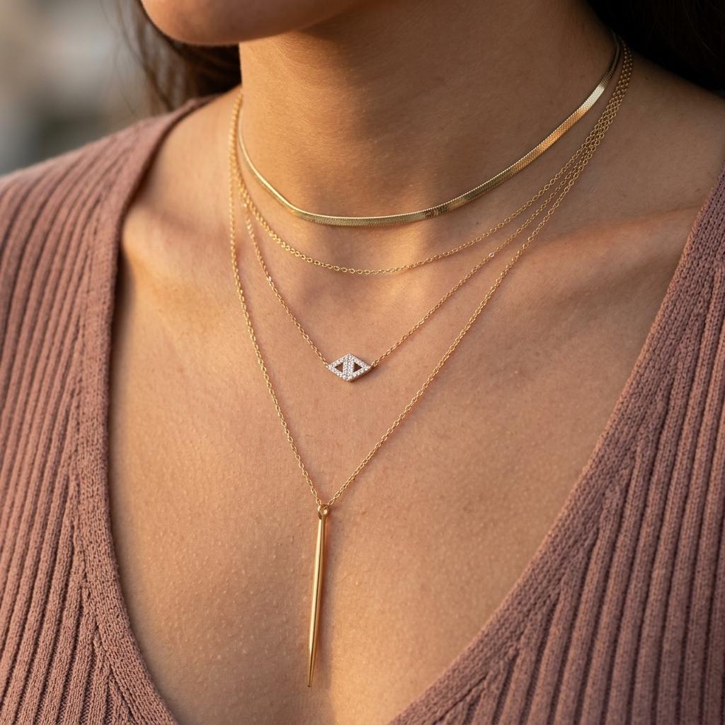 Gold Vermeil Layered Necklace Set, 3 Piece Gold Necklace Stack, Long Pendant Necklace, Crystal Necklace, Herringbone Choker