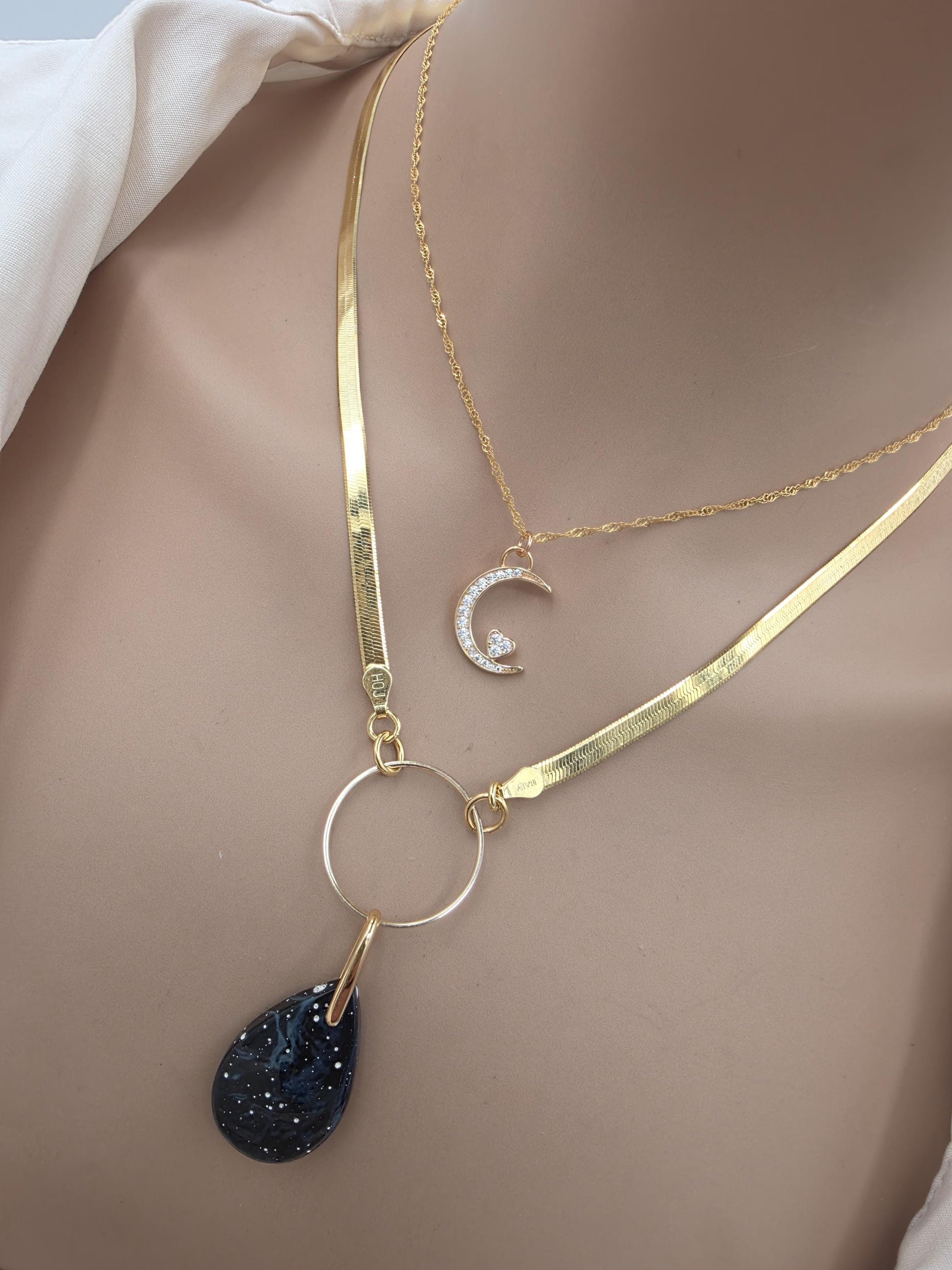 Leland Blue Celestial Starry Night Layered Necklace Set – 14K Gold Vermeil Crescent Moon & Great Lakes Glass