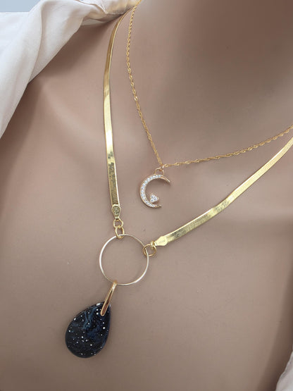 Leland Blue Celestial Starry Night Layered Necklace Set – 14K Gold Vermeil Crescent Moon & Great Lakes Glass
