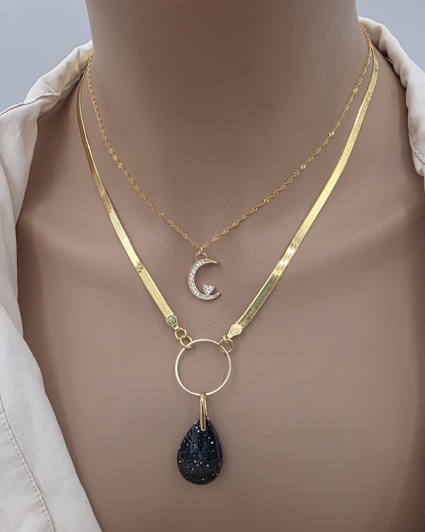 Leland Blue Celestial Starry Night Layered Necklace Set – 14K Gold Vermeil Crescent Moon & Great Lakes Glass
