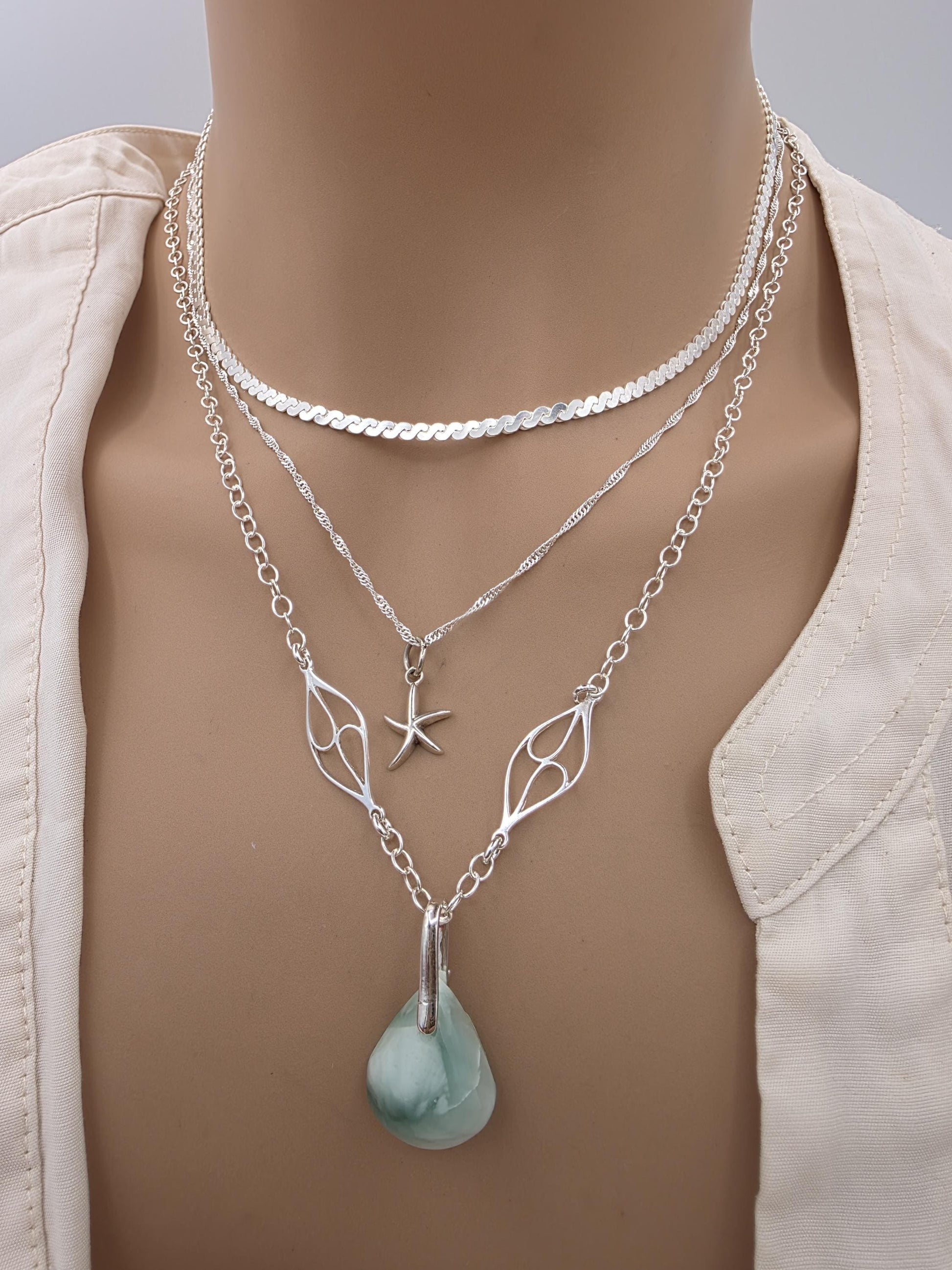 Sterling Silver Hemimorphite Layered Ocean Necklace Set | Serpentine Chain & Protective Gemstone Talisman Pendant