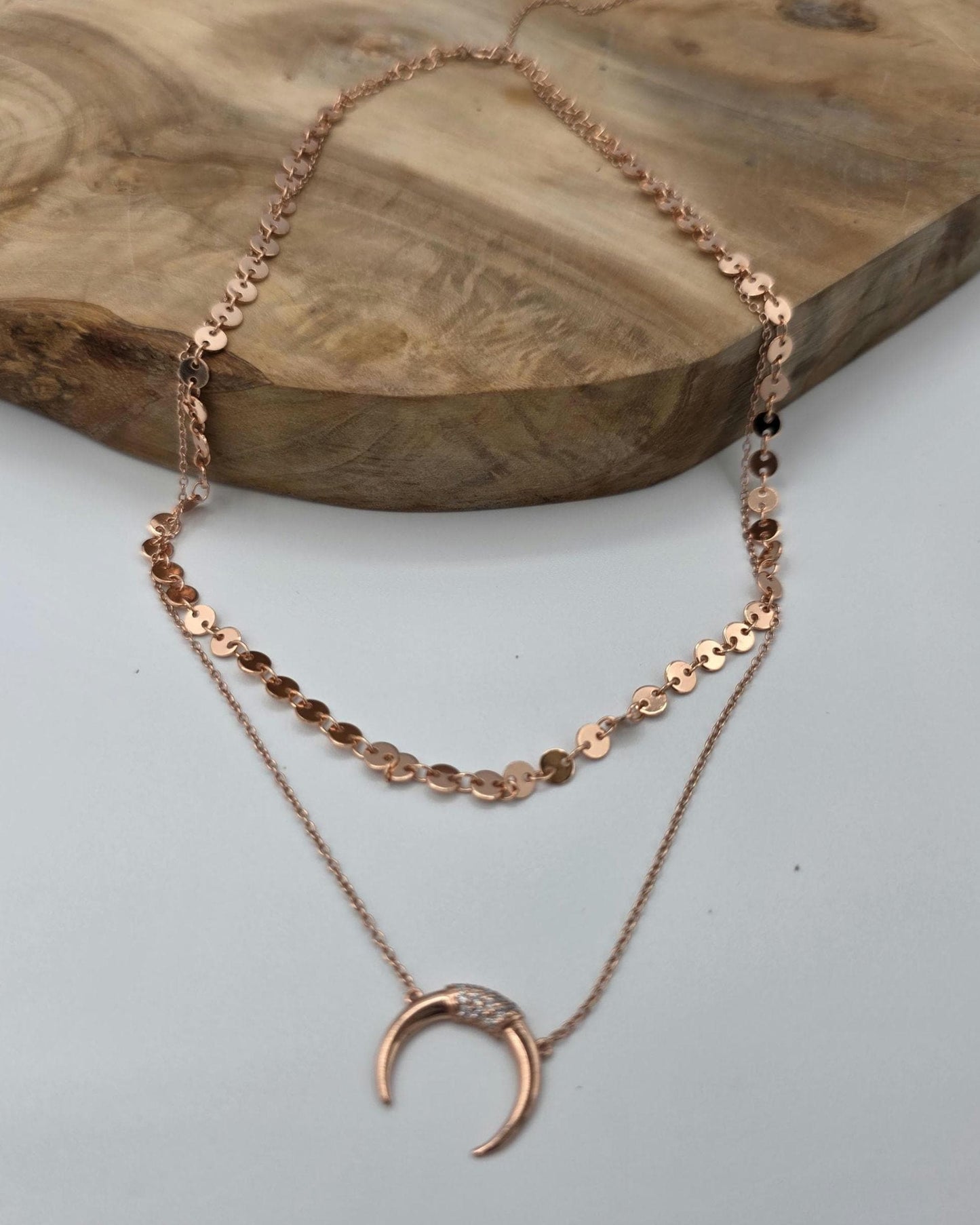 Rose Gold Vermeil Sterling Silver Crescent Horn Moon Layered Choker Necklace - Celestial Fine Jewelry