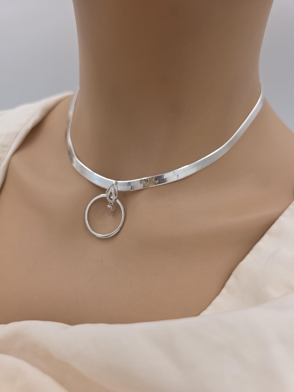 925 Sterling Silver Eternity Pendant Collar Neckace, 5.5mm Herringbone Chain, Romantic Devotion Jewelry