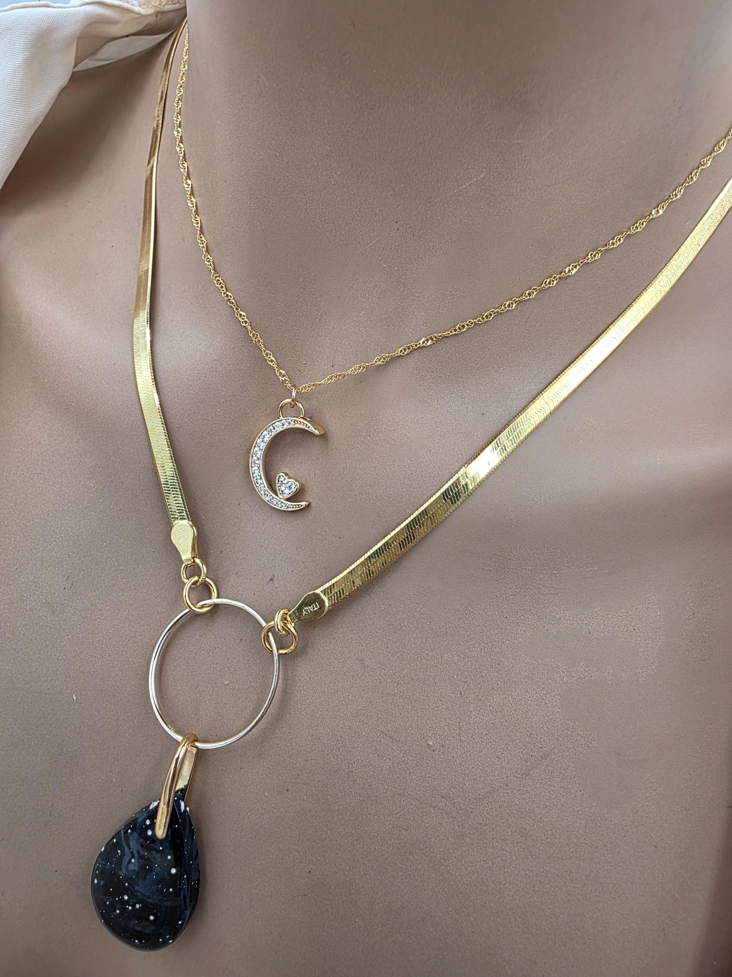 Leland Blue Celestial Starry Night Layered Necklace Set – 14K Gold Vermeil Crescent Moon & Great Lakes Glass