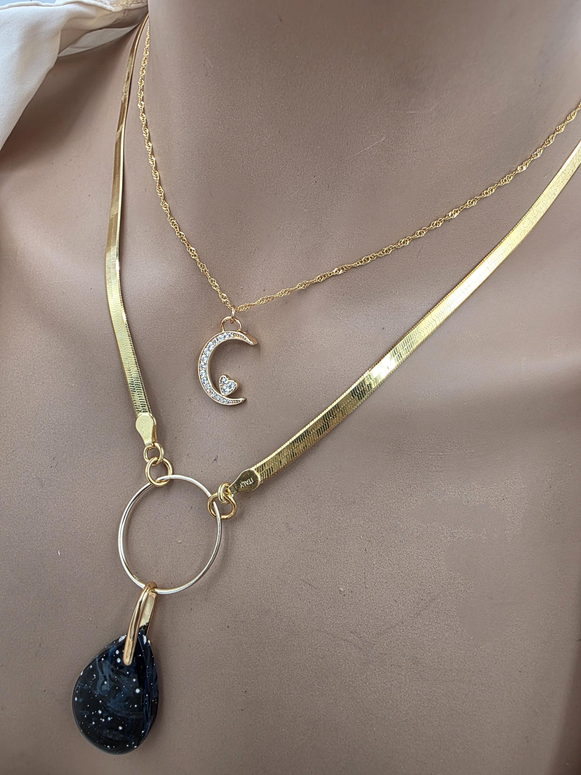 Leland Blue Celestial Starry Night Layered Necklace Set – 14K Gold Vermeil Crescent Moon & Great Lakes Glass