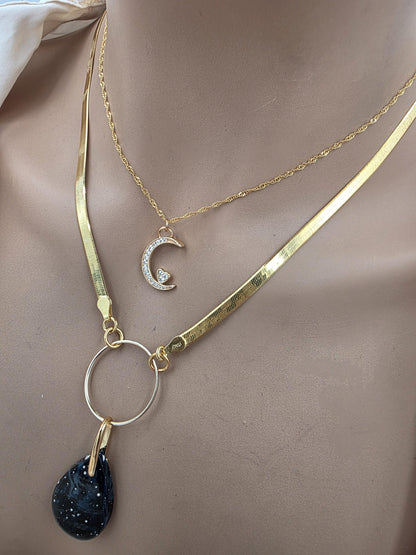 Leland Blue Celestial Starry Night Layered Necklace Set – 14K Gold Vermeil Crescent Moon & Great Lakes Glass