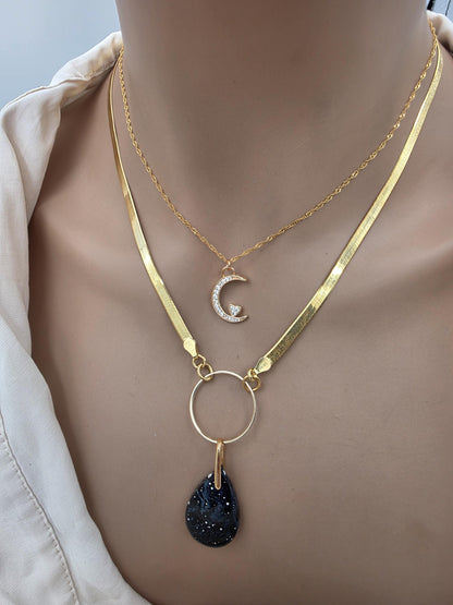 Leland Blue Celestial Starry Night Layered Necklace Set – 14K Gold Vermeil Crescent Moon & Great Lakes Glass